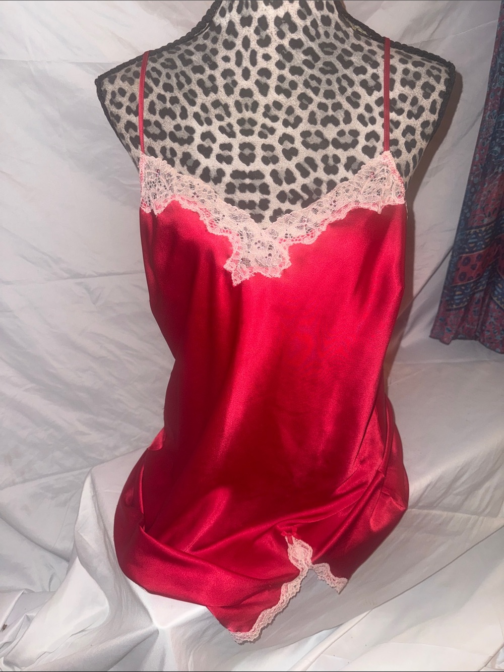Victoria's Secret Red Satin Slip with Cream Lace Trim